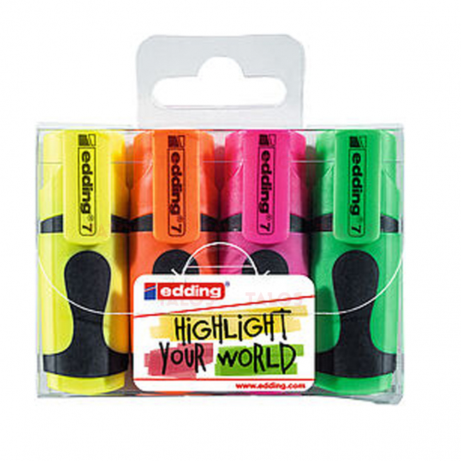 Pochette de 4 mini marqueurs fluo EDDING E7 couleurs assorties