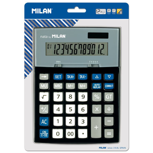 Calculatrice de bureau noire Milan 12 chiffres avec bouton Check