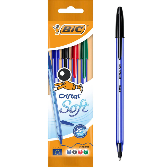 Pochette de 4 stylos bic cristal soft couleurs assorties